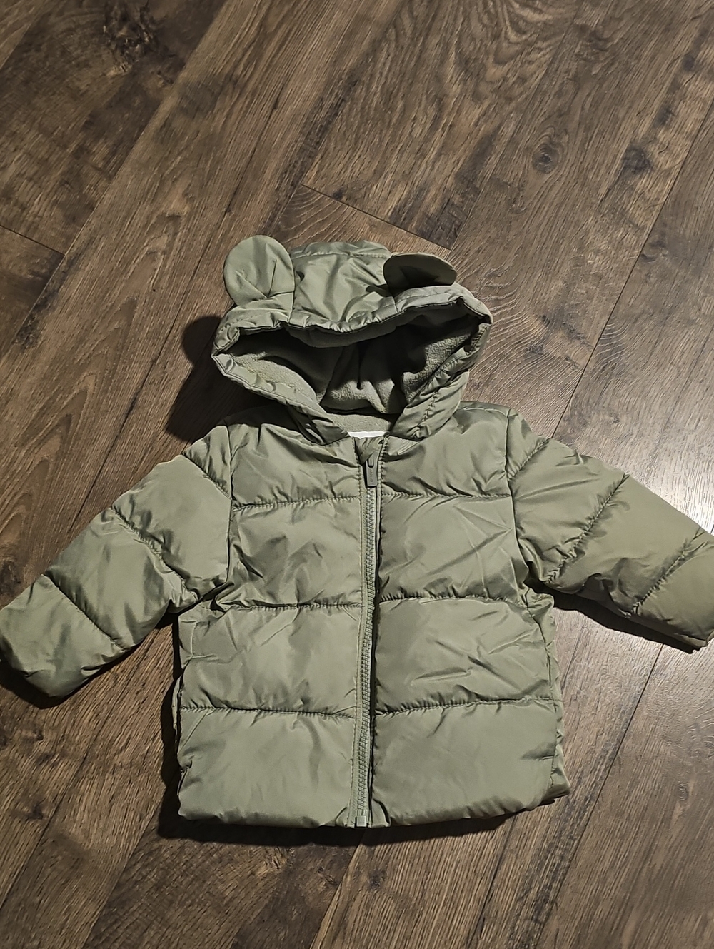 Old Navy Olive Green Puffer Jacket Hood Ears Details Coat 12 18 Months Boy Girl